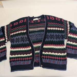 Vintage 90's knit blue pink green white striped button up cardigan large [244]